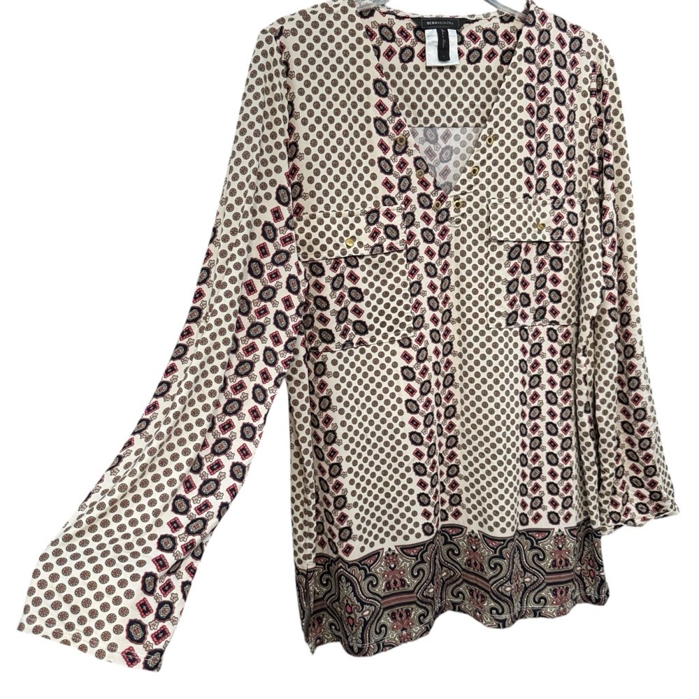 Excellent! BCBGMAXAZRIA Women Cream Navy Print Tunic Long Sleeve - Picture 5 of 11